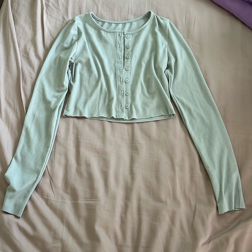 Pastel Green Button Down Long Sleeve Crop Top